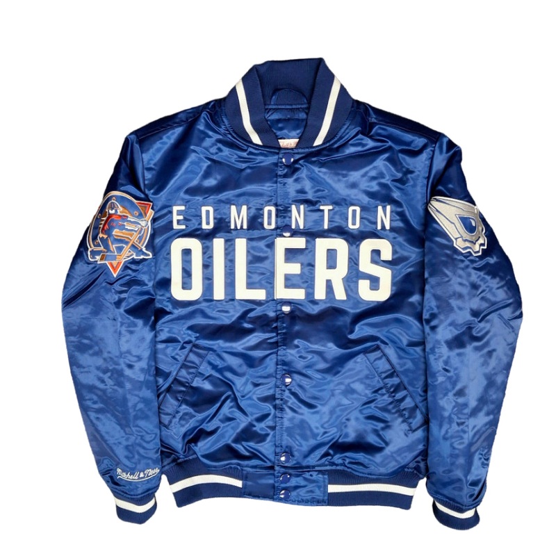 Mitchell & Ness Men’s NHL Edmonton Oilers Throw It Back Satin Jacket Blue Small