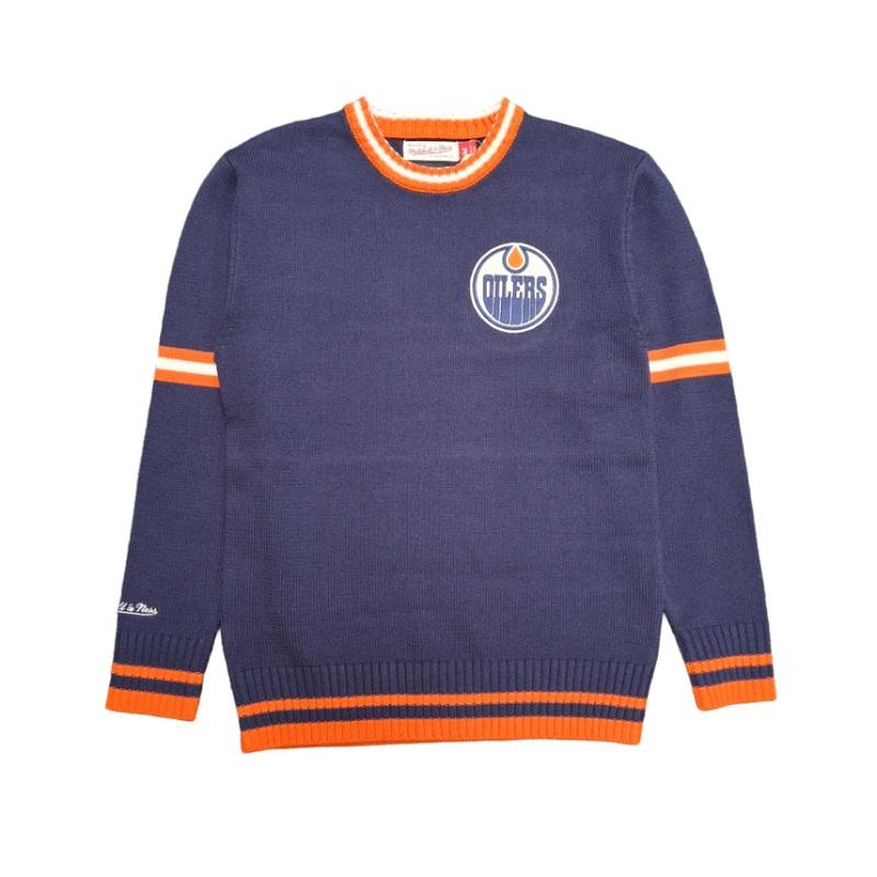 Mitchell & Ness Men’s NHL Edmonton Oilers Right Stripes Knit Sweater Blue Small