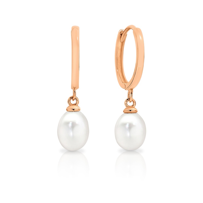 9ct rose gold pearl dangle huggies
