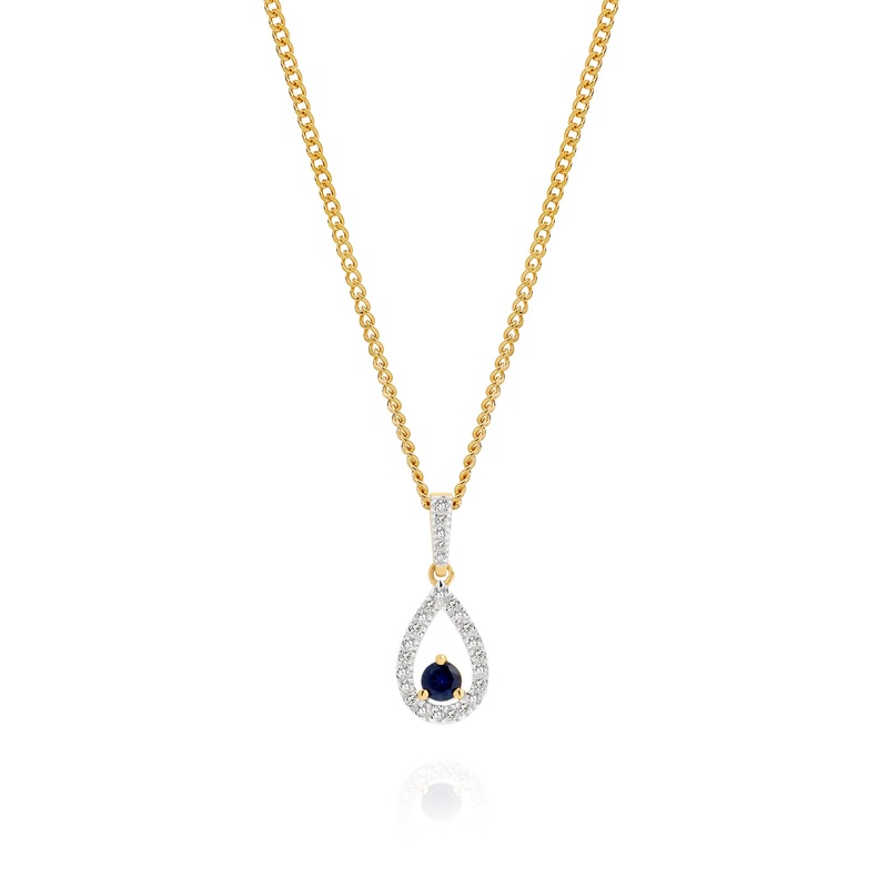 9ct blue sapphire & 0.10ct diamond teardrop pendant