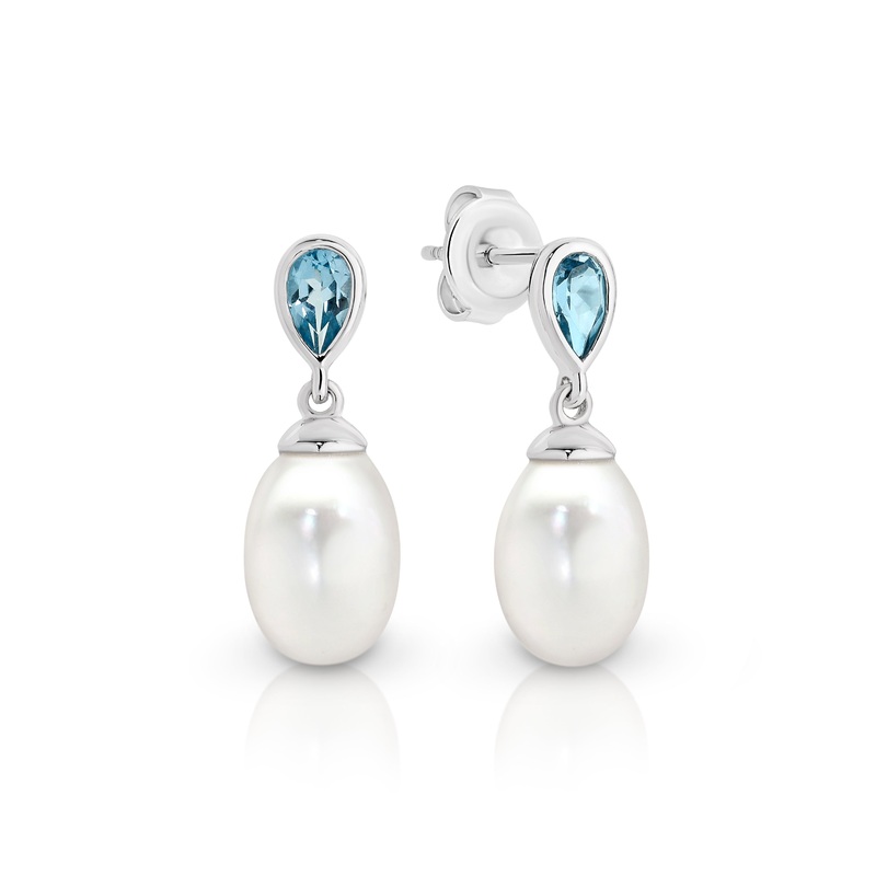 9ct white gold pearl & blue topaz studs