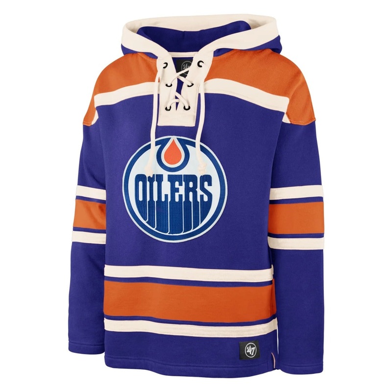 ’47 Brand Men’s NHL Edmonton Oilers Lacer Hoodie Blue/Orange Small