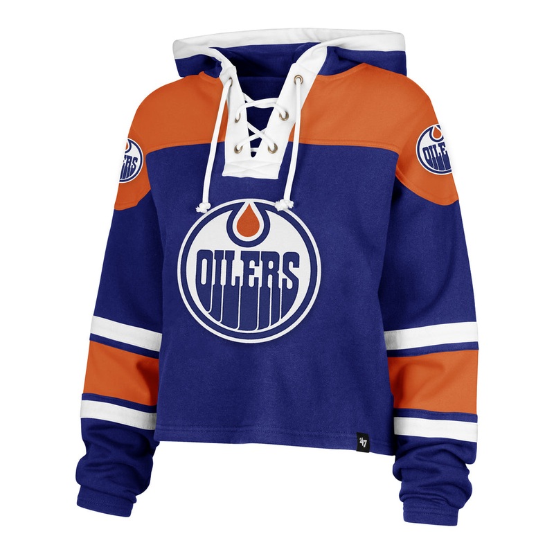 ’47 Brand Women’s NHL Edmonton Oilers Cropped Lacer Hoodie Blue/Orange Small
