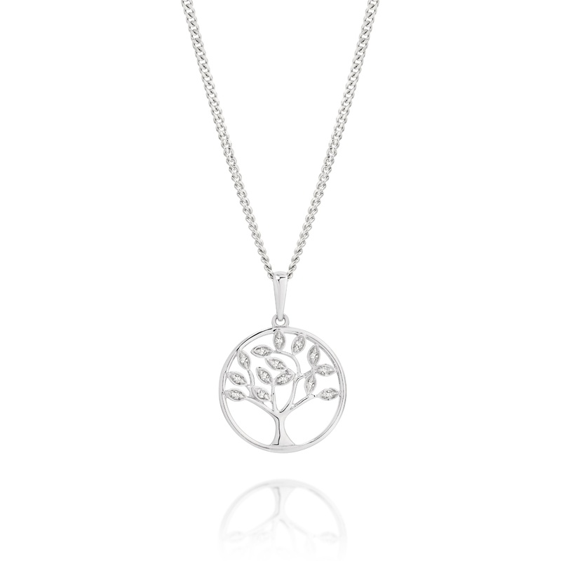 9ct white gold 0.05ct diamond tree of life pendant