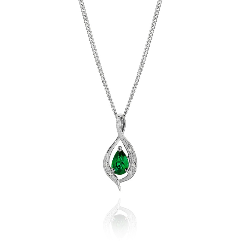 9ct white gold created emerald & diamond pendant