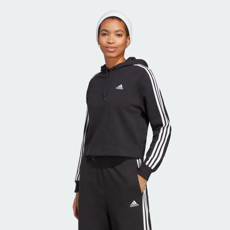 Women’s Essentials 3 Stripe French Terry Crop Hoodie BLACK/WHITE S