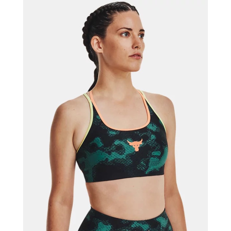 Women’s Project Rock Crossback Family Printed Sports Bra COASTAL TEAL/PEACH HORIZON S