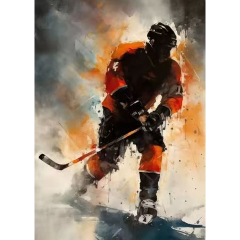 Watercolour Ice Hockey Poster on Canvas (Unframed) Orange/Grey