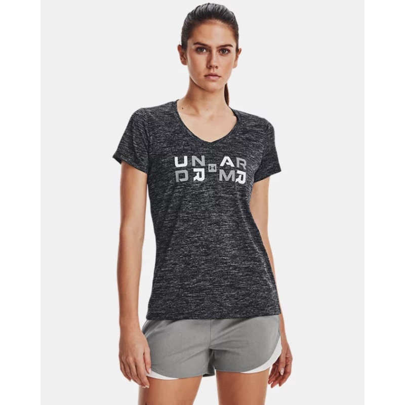 Women’s Tech Twist Graphic V-Neck Short Sleeve BLACK MEDIUM HEATHER/WHITE XS