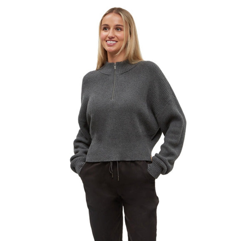 Tentree Women’s Highline 1/4 Zip Mock Neck Sweater DARK GREY HEATHER M